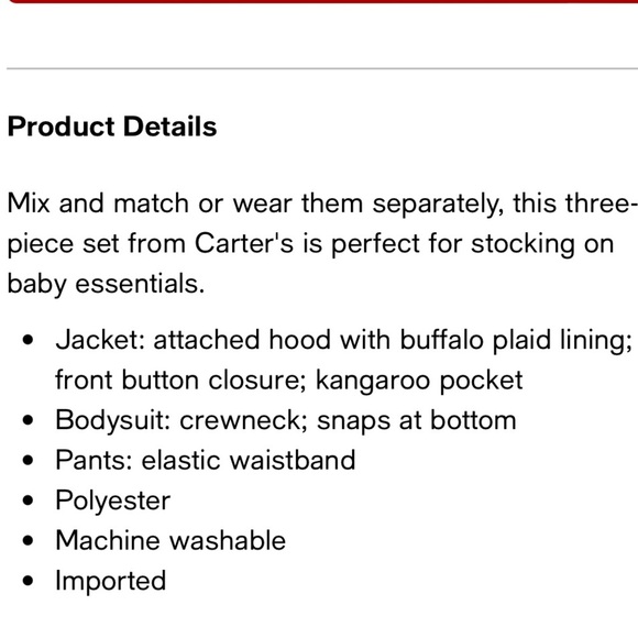 Carters 3 Piece Buffalo Plaid Christmas Bodysuit Fleece Zip Hoodie & Pants NEW - Picture 6 of 7